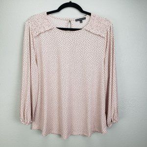 Adrianna Papell Women's XL Long Sleeve Smocked Shoulder Blouse Pink Black Dots